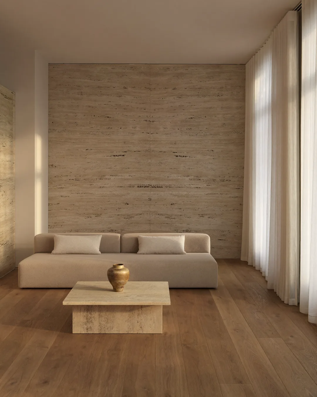 A minimalist living room in warm late-afternoon light, AI-generated brand imagery